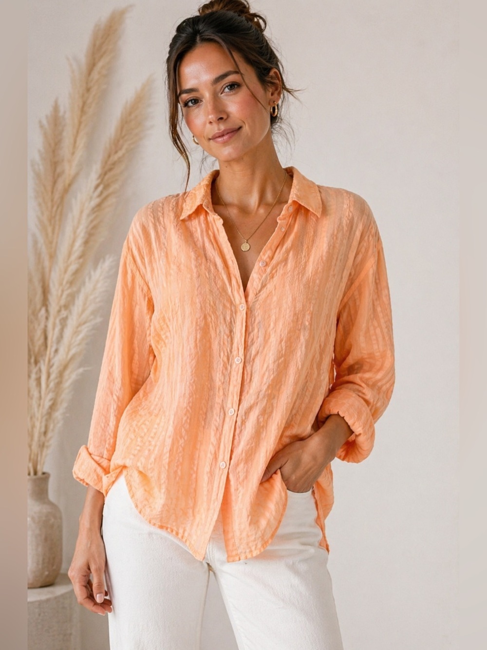 NWT Aerie Orange Button Up Shirt Size Small 100% Cotton Textured Casual‎ Top